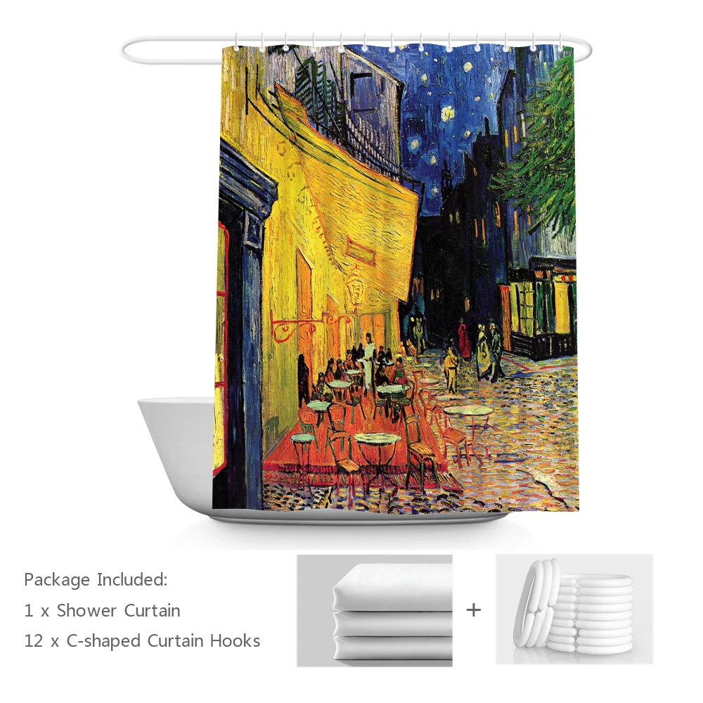 

Van Gogh Cafe Terrace in Arles at Night Shower Curtain Urban Street Oil Painting Bath Curtain Retro Street Bathtub Curtains