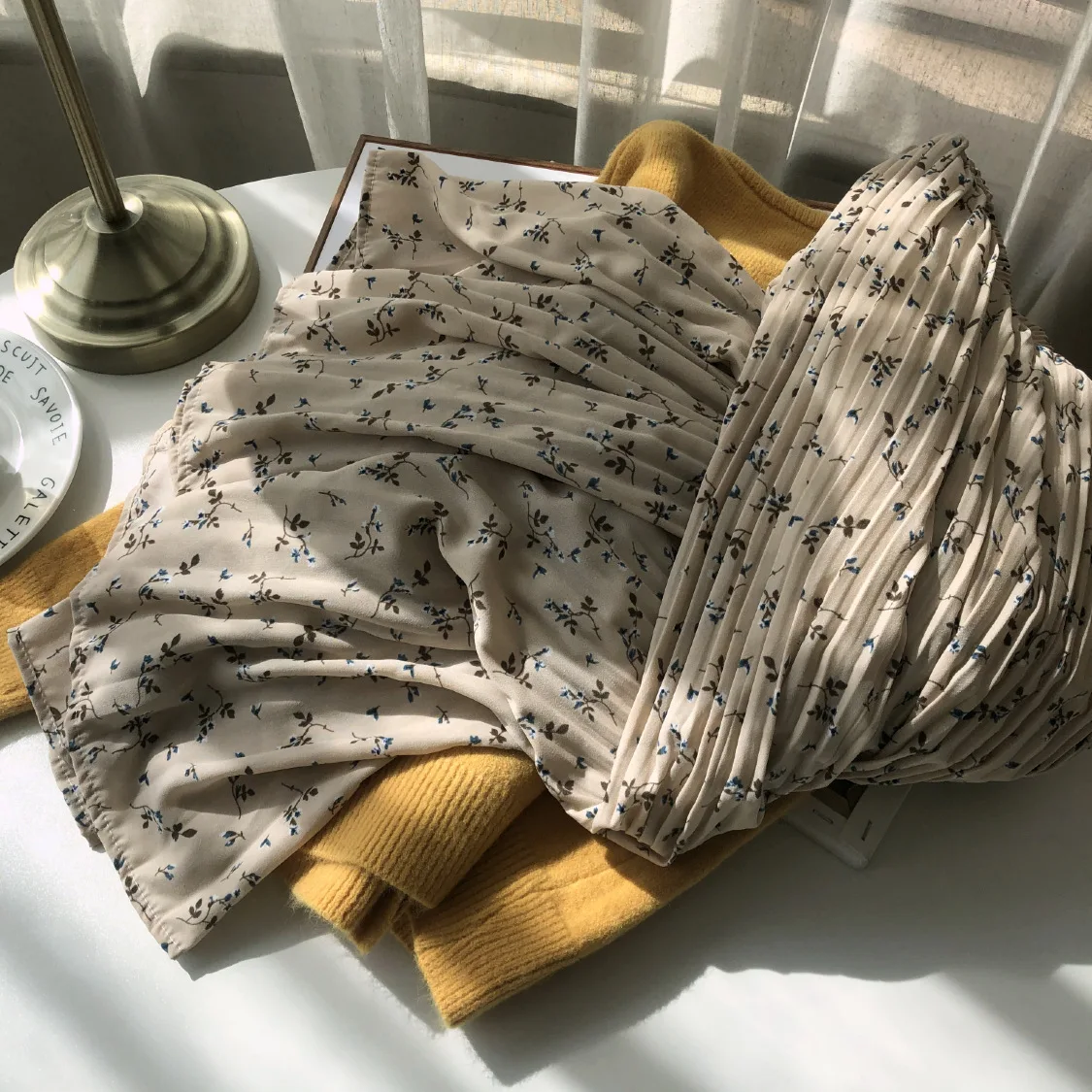 

Vintage Floral Print A-line Pleated Long Skirts winter Women Korean Skirt Streetwear Drawstring Elastic Waist Midi Skirt lined