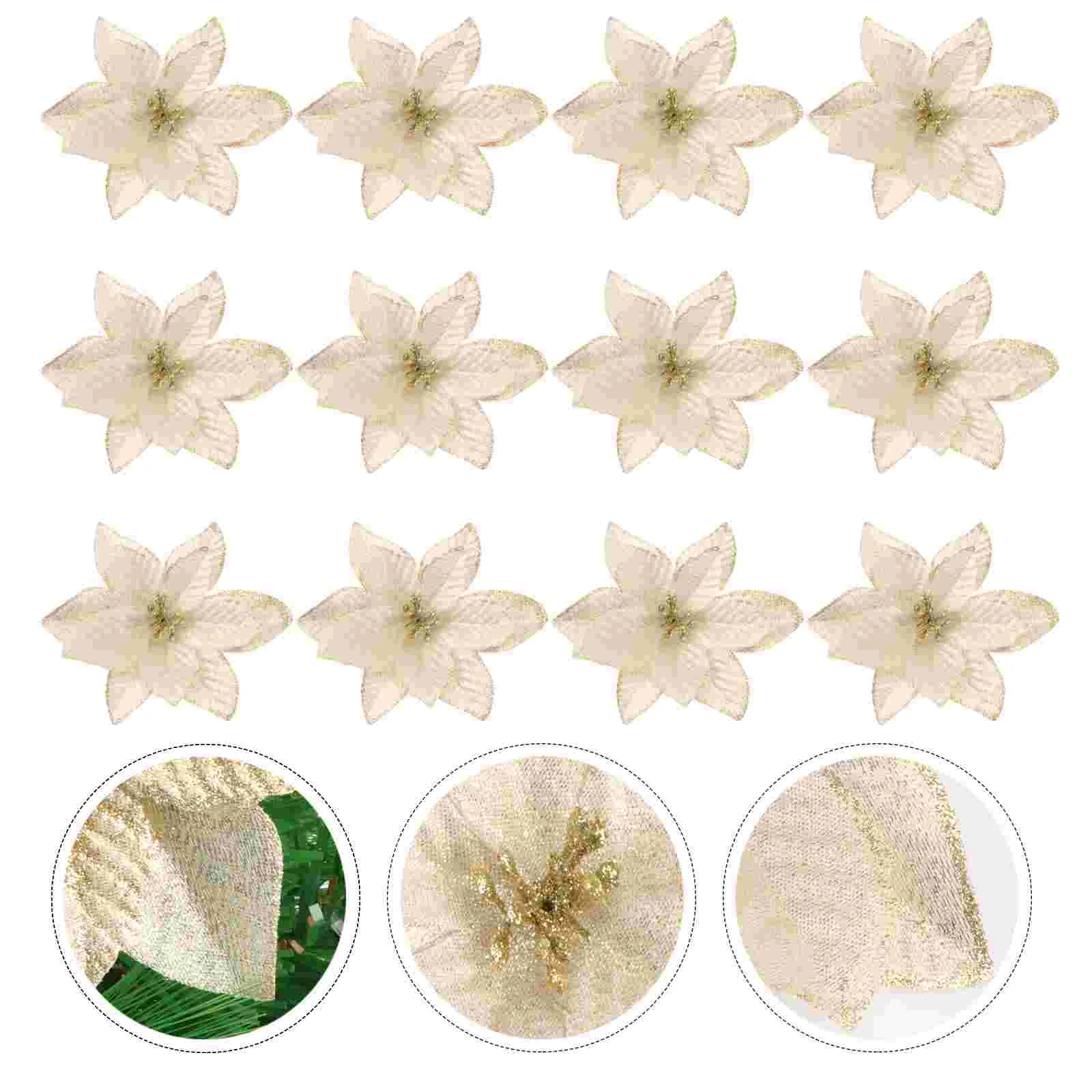 

30pcs Golden Christmas Tree Decorative Flower Glitter Simulate Floral Ornaments Delicate Glitter Flowers Christmas Hanging
