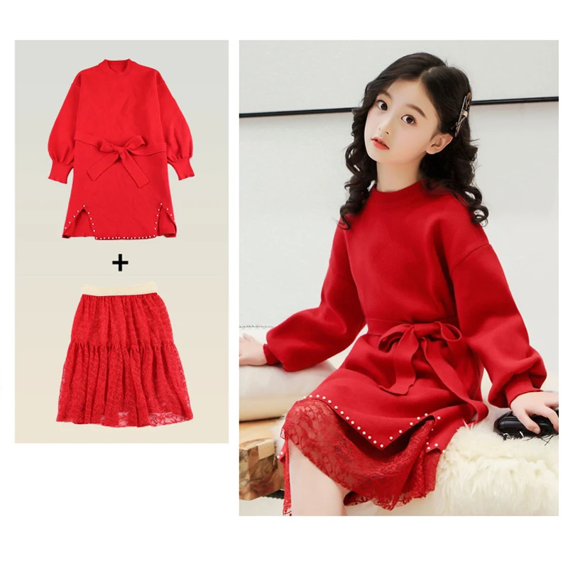 Осенне зимнее элегантное вязаное платье костюмы для девочек возрастом от 10 до 12