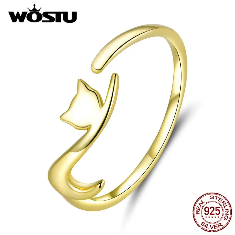 

WOSTU Real 925 Sterling Silver Sticky Cat Gold Color Rings For Women Wedding Adjustable Rings Finger Fine Jewelry Gift CQR220-B