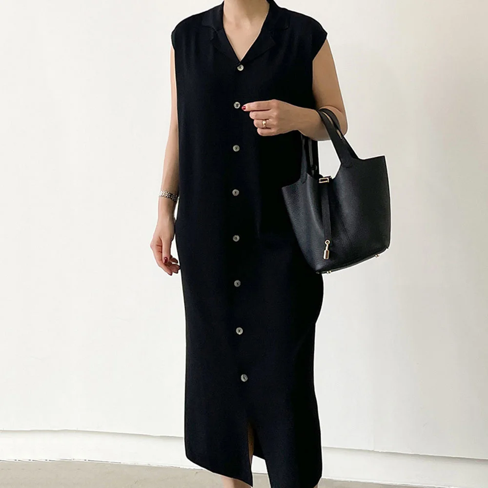 

Japanese Style Korean Fashion Temperament Lapel Solid Color Single-breasted Sleeveless Women's Dress Loose Casual