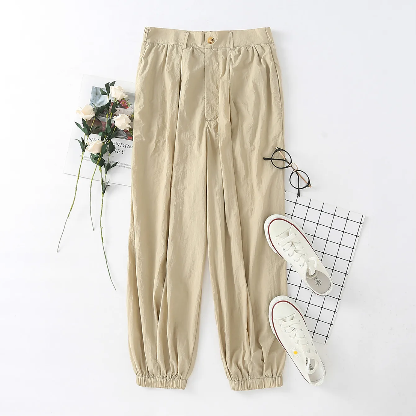 Женские повседневные штаны с высокой талией бежевые удобные свободные