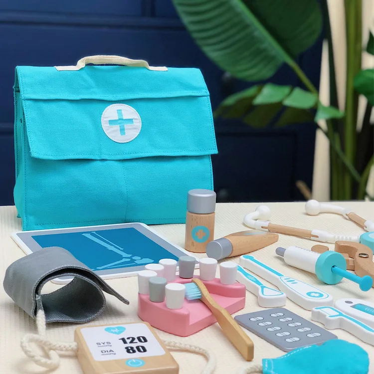 

Wooden Pretend Play Doctor Educational Toys for Children Medical Simulation Medicine Cloth Bag Set for Kids Interest Developing
