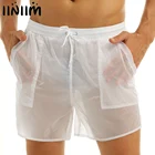Мужские однотонные прозрачные быстросохнущие пляжные шорты с поясом на резинке, плавки с дышащей сеткой, Летние плавки