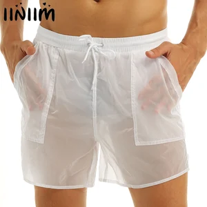 Мужские однотонные прозрачные быстросохнущие пляжные шорты с поясом на резинке, плавки с дышащей сеткой, Летние плавки