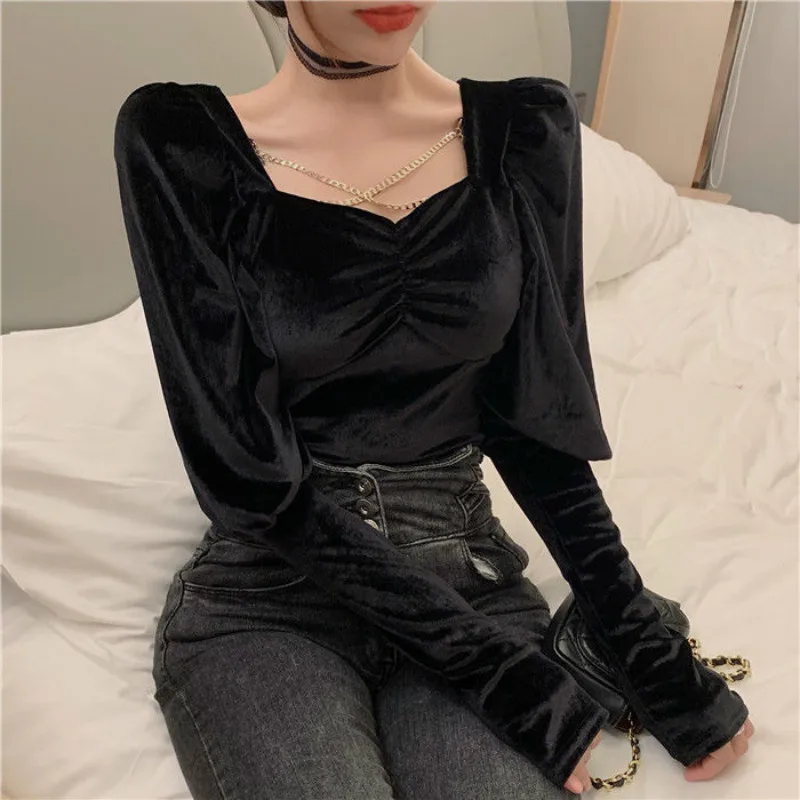 

2021 Women's Long-sleeve Blouse Lady Fashion Square Neck Slim Retro Velvet Short Tops Fall and Winter Solid Color Shirts Y63