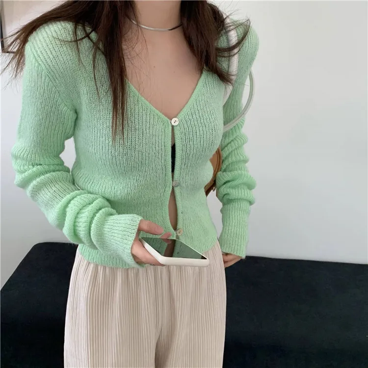 Knitted Cardigans Autumn Winter Long Sleeve V-neck Women's Clothing Sweater Korean Clothes Crop Top Solid Fashion Brand |