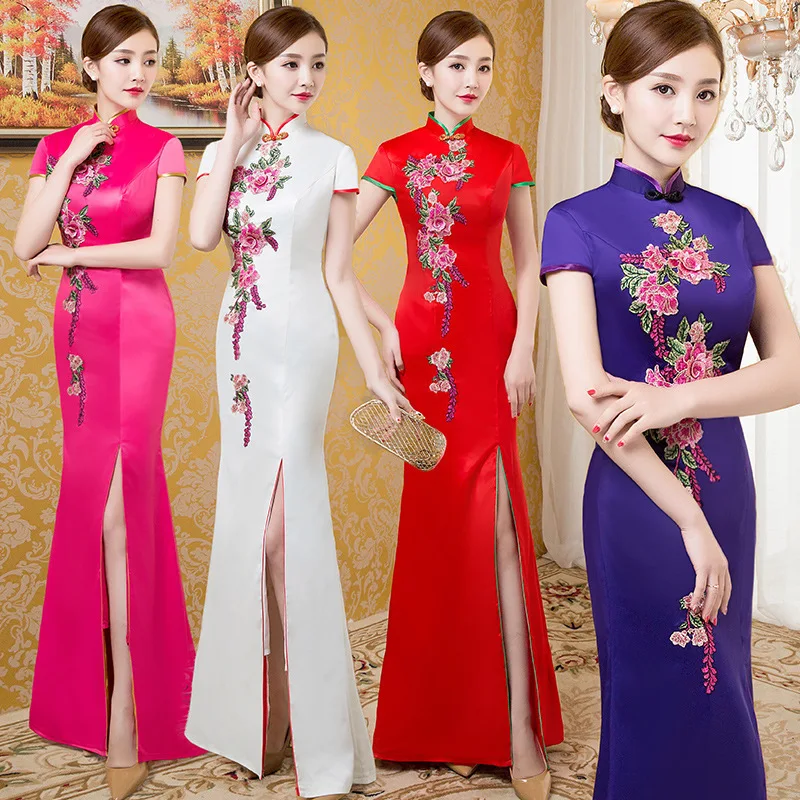 Красное женское облегающее платье вечернее длинное Ципао для вечеривечерние