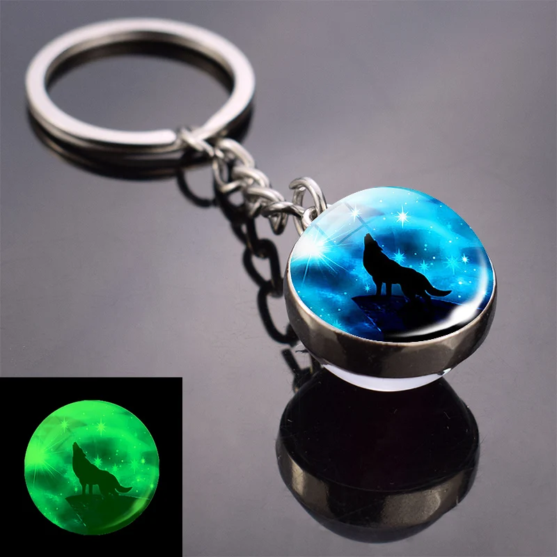 As show 11 Glow in Dark Jewelry Howling Wolf Keychain Wolf Luminous Glass Cabochon Pendant Keyring Double Side Glass Ball Keychain - Цвет: As show 11