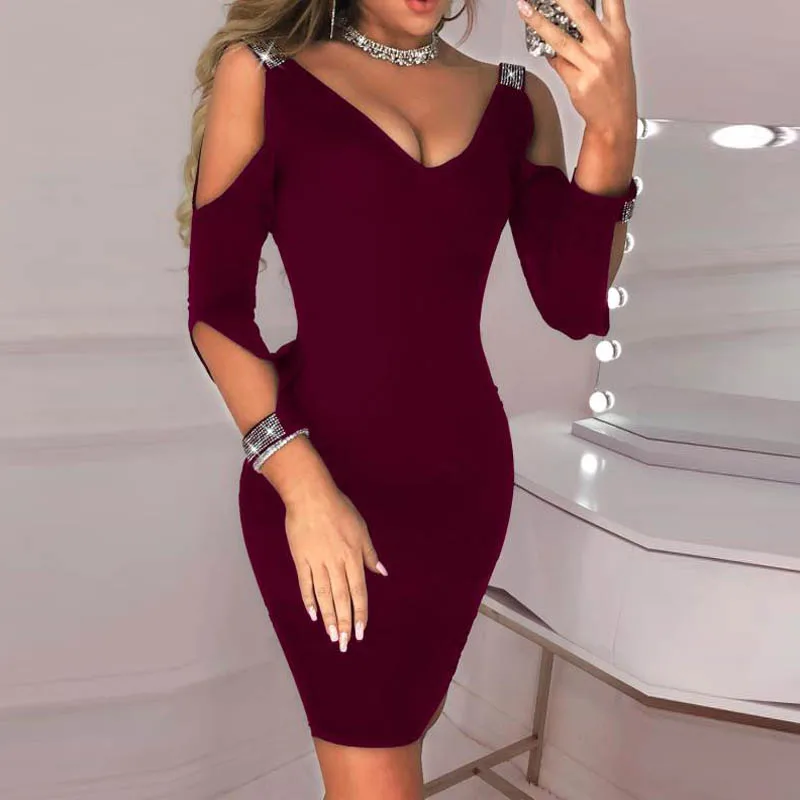 Женское летнее платье с открытыми плечами, Vestidos Verano, сексуальный вырез, глубокий v-образный вырез, без рукавов, облегающее Клубное платье знаменитостей для вечеринок - Цвет: Бургундия