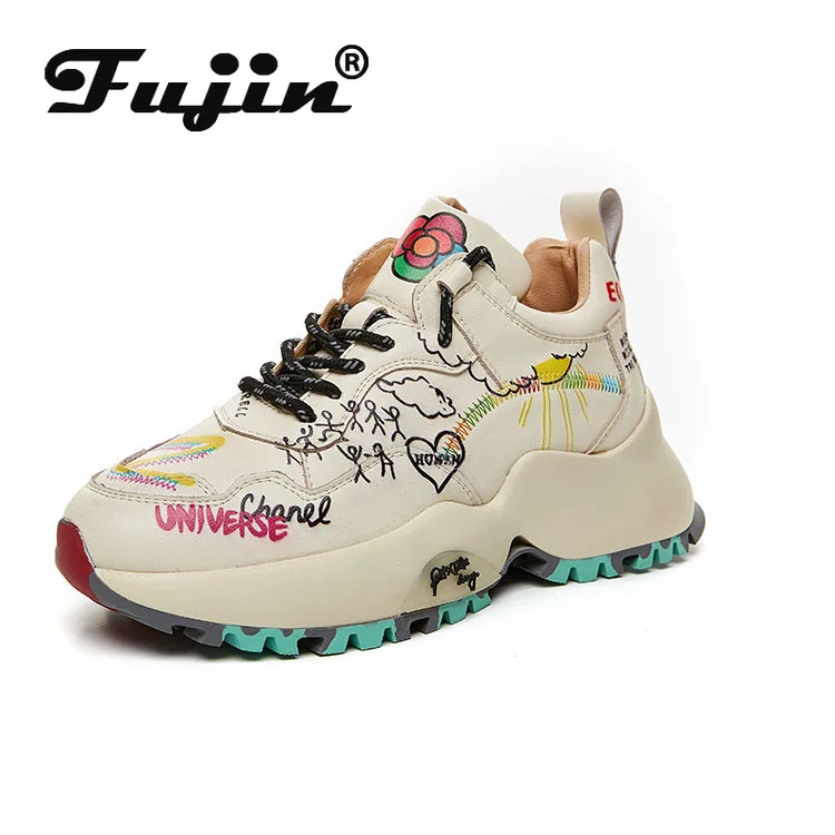 

Fujin Women Sneakers Ins Print Platform Casual Shoes Chunky Lace Up Thick Sole Walking Shoes Women High Quality Comfortable