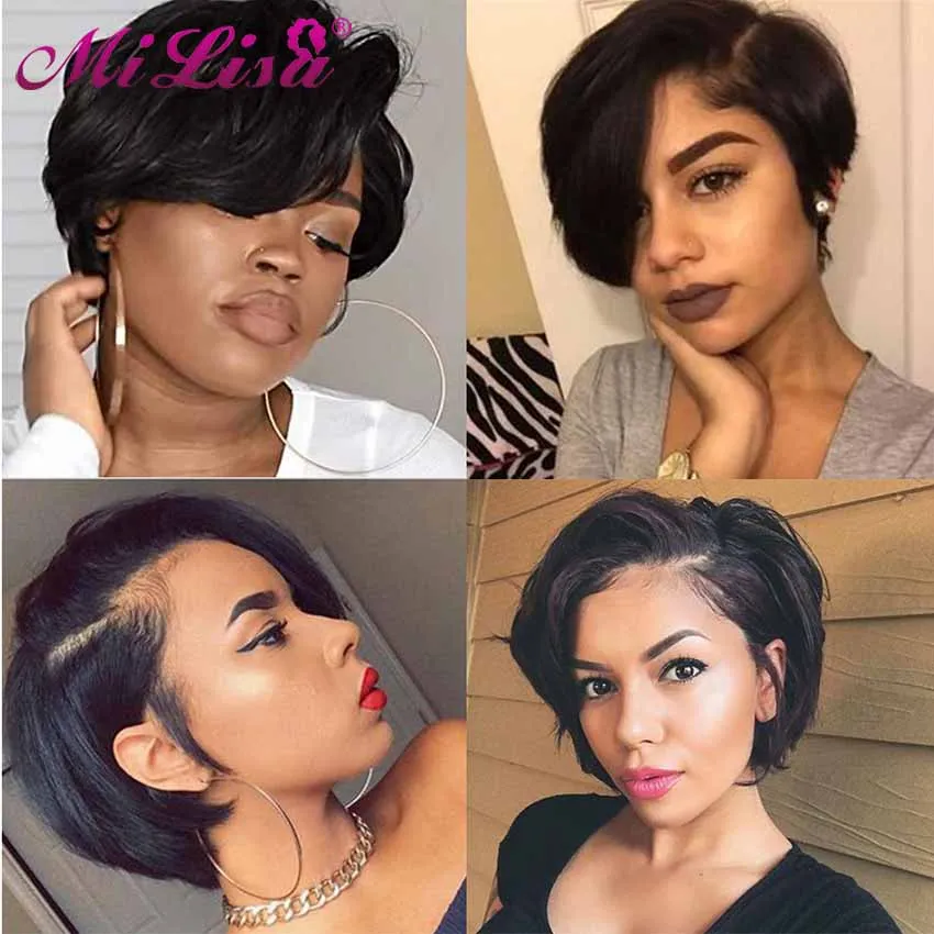Парик из перуанских коротких волос Pixie Cut парики человеческих для чернокожих
