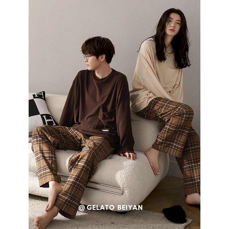 Spring and Autumn New Long-Sleeved Couple Pajamas Women's Pure Color Soft Cotton Home Wear Large Size Men's Fashion Suit