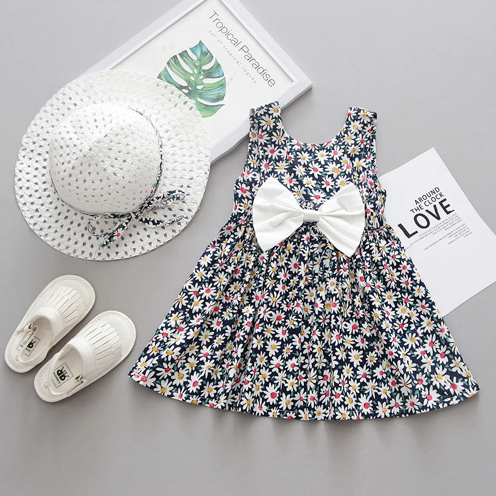 

Children's Clothes Holiday Style Sleeveless Summer Dress 2021 New Sweet Bowknot Daisy Print Girls Dress + Hat 2Pcs