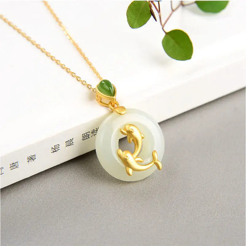 

Natural Hetian White Jade Pisces Pendant Safety Buckle Pendant Necklace S925 Sterling Silver Ancient Style Thick Gold Inlaid