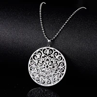 silvery gold round pendant long necklace sweater chain fashion jewelry geometric flower hollow necklace for women gift 2021 new