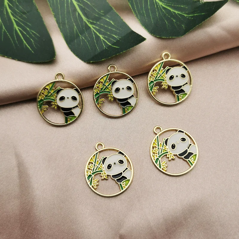 

10 BULK Cartoon Panda Round Charm with Bamboo Panda Bear Hollow Round Pendant Animals Plants Charms for Jewelry Making 22*25mm
