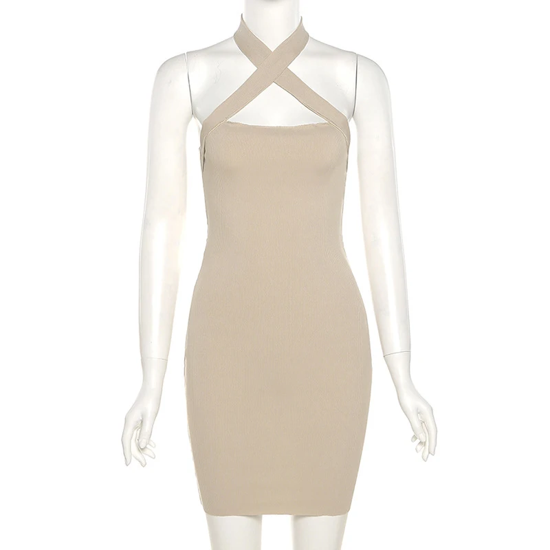 

NOVAINSPO Ribbed Hollow Out Sleeveless Halter Mini Dresses Fashion Skinny Backless Streetwear 2021 Summer Light Dress For Women