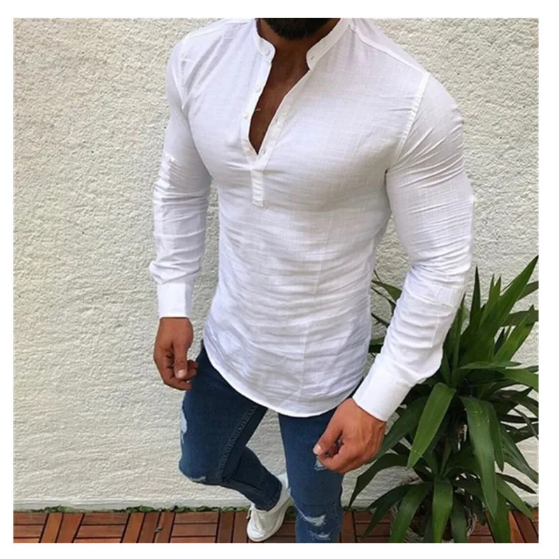Новинка 2019 стильные мужские рубашки из хлопка и льна с длинным рукавом v образным