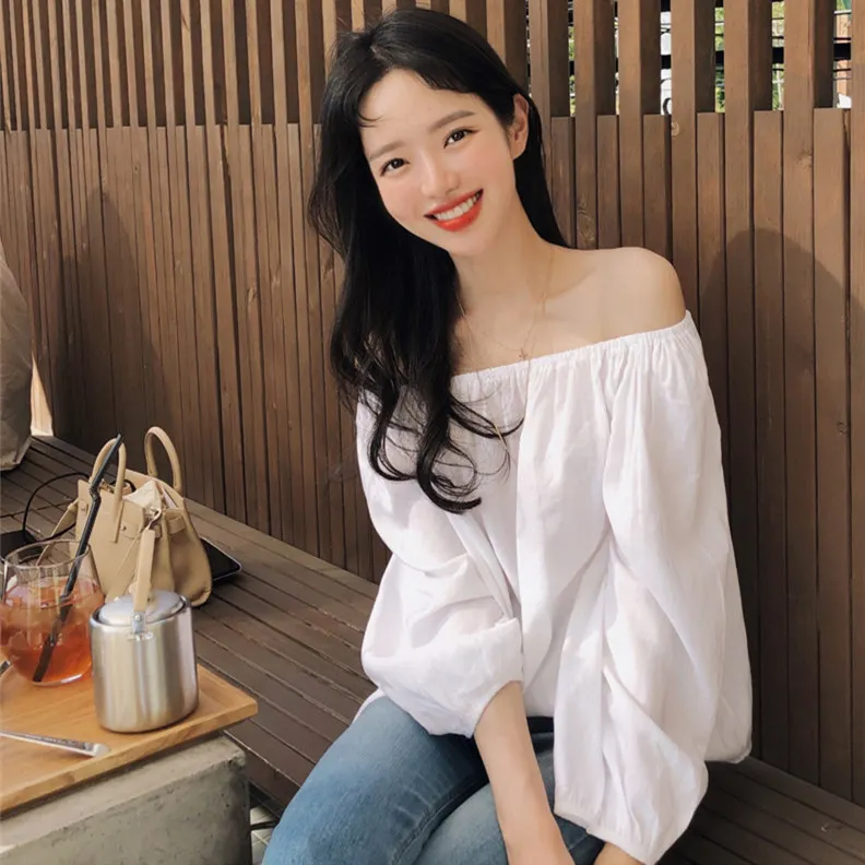 Женская Свободная блузка с длинным рукавом Повседневная однотонная белая из