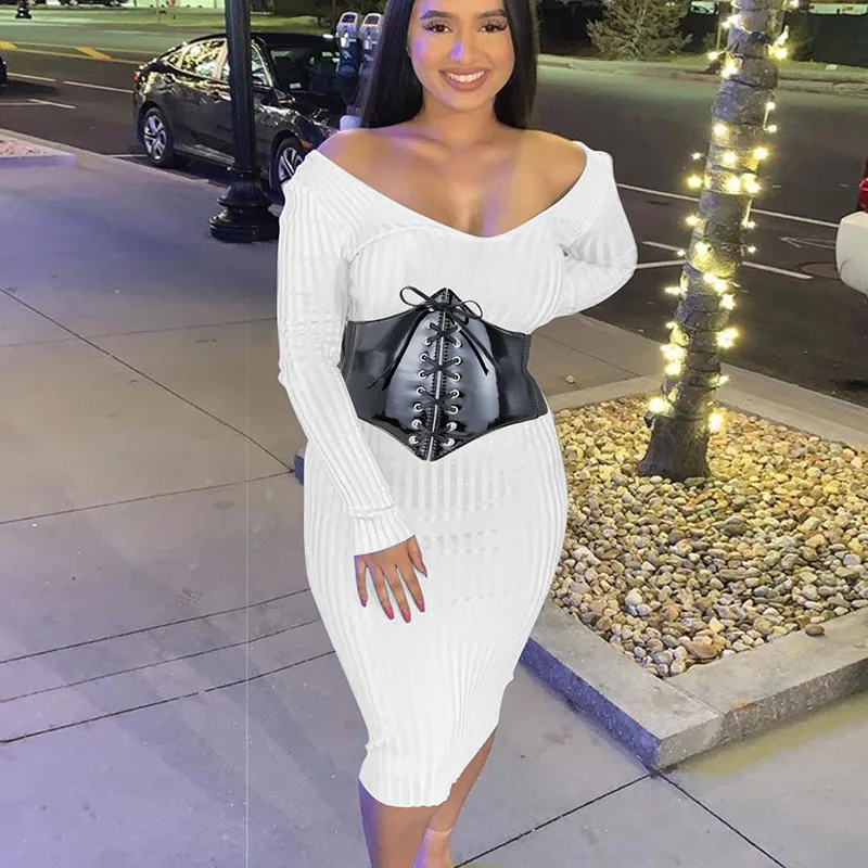 

Autumn Winter Ribbed Maxi Knitted Dresses For Women 2021 Casual V Neck Sexy Slim Backless Long Bodycon Off Shoulder Dress