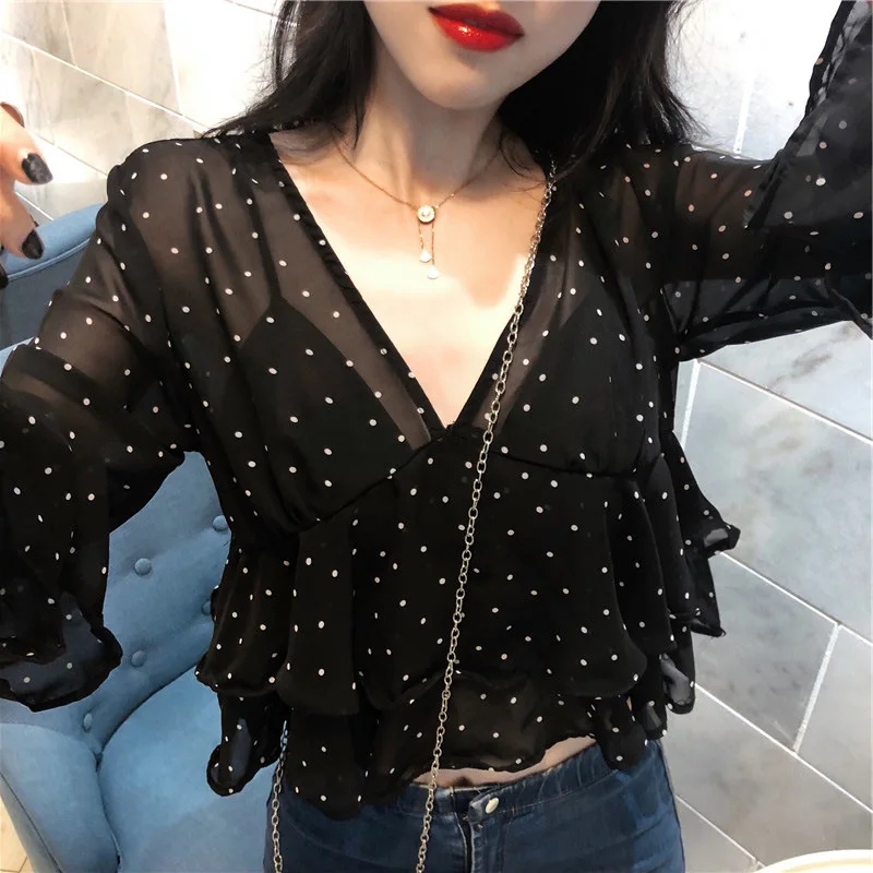 

Summer Polka Dot Chic Sweet Lotus Leaf Wave Point Women Blouse Chiffon Women Shirt Female V Collar Loose Sleeve Femela Shirts
