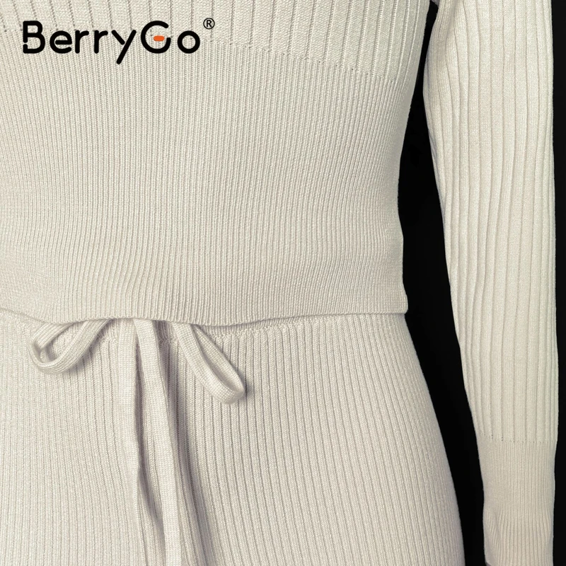 

BerryGo Casual stripe women's suit Home two piece White knitting suit Autumn indoor warm suit Round neck long sleeve home set