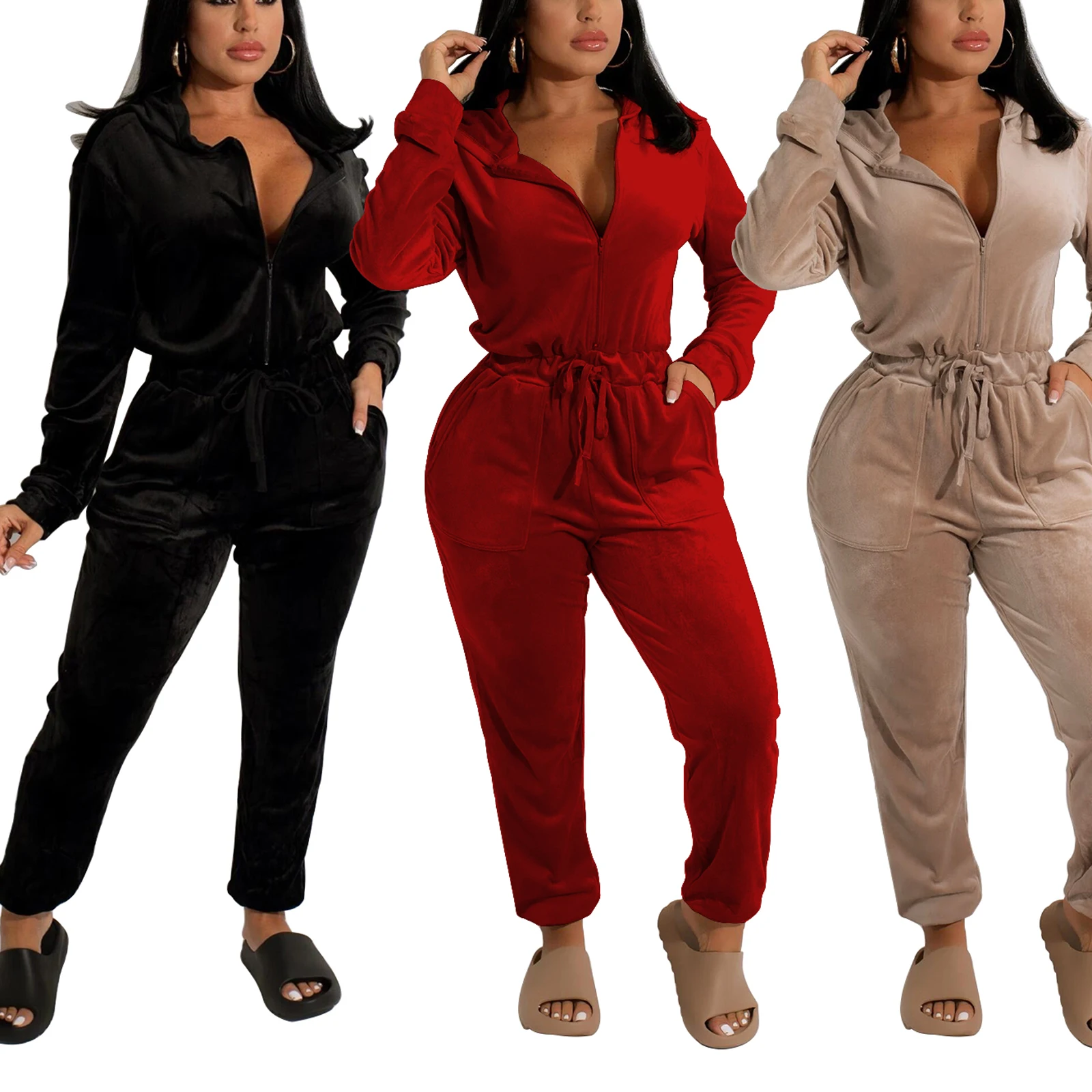 

Spring Women Jumpsuits Casual Fitness Tracksuits Long Sleeve Lapel Neck Romper Drawstring High Waist Streetwear overall