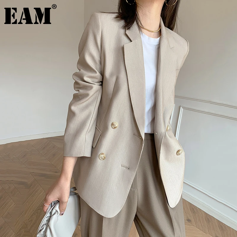 

[EAM] Women Beige Brief Big Size Casual Blazer New Lapel Long Sleeve Loose Fit Jacket Fashion Tide Spring Autumn 2021 1DE2200