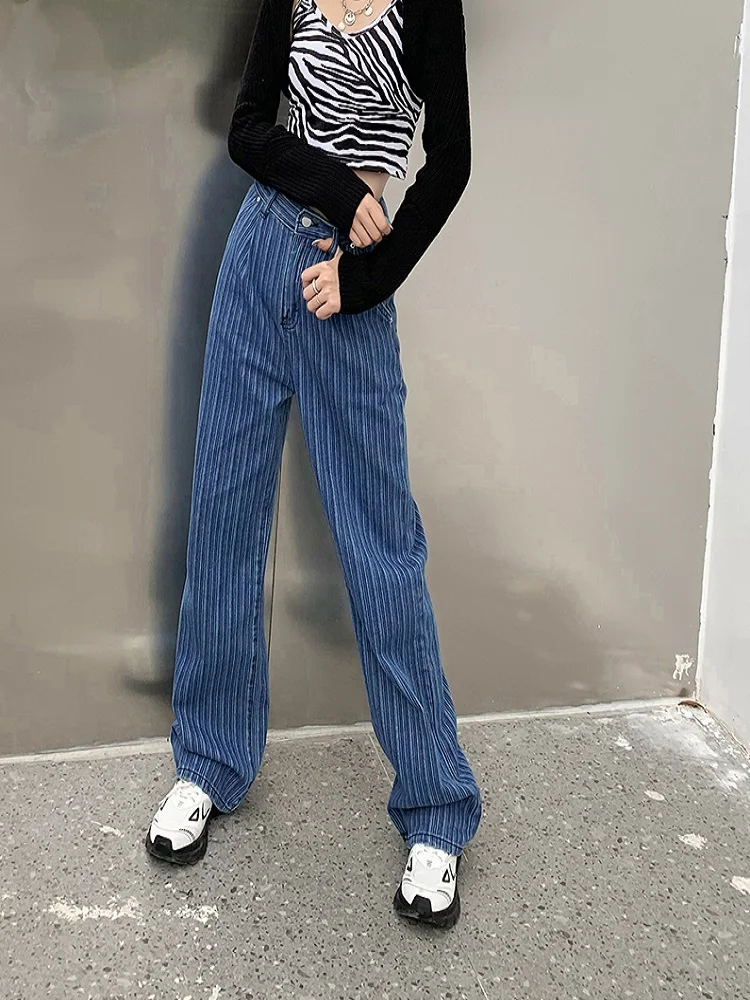 

Темно-синие джинсы в Вертикальную Полоску с широкими штанинами, Осень-зима, прямые свободные женские джинсы с высокой талией