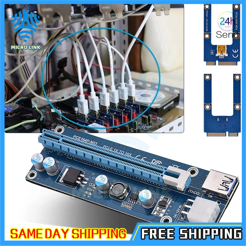 mlc Mini PCIe PCI-E PCI Express Riser Card to PCIE Extender 16X SATA 6Pin IDE Molex Power Cable for BTC ETH Litecoin Miner Mi | Компьютеры