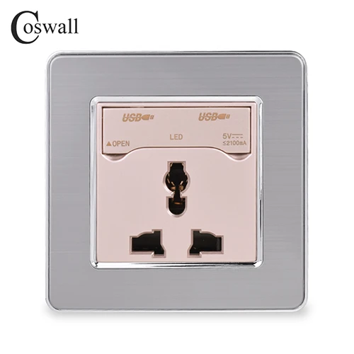 Gold COSWALL 13A Универсальная Розетка с двойным USB зарядным портом, выход 2.1A, светодиодный индикатор, настенная розетка, панель из нержавеющей стали - Тип: Gold