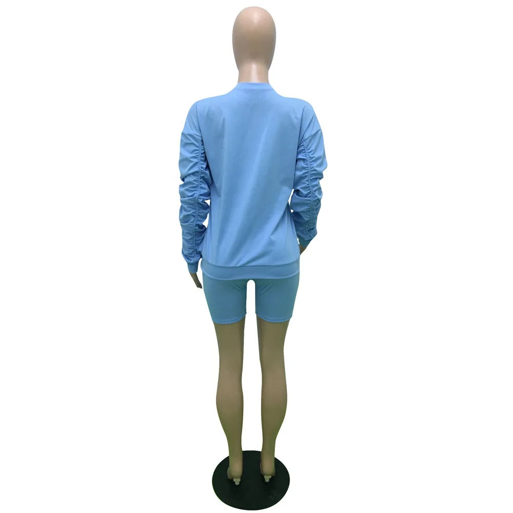 

sweat suits women stacked long sleeve sweatshirt+biker shorts set wholesale sweatsuit matching sets Blue 2 pc set for women