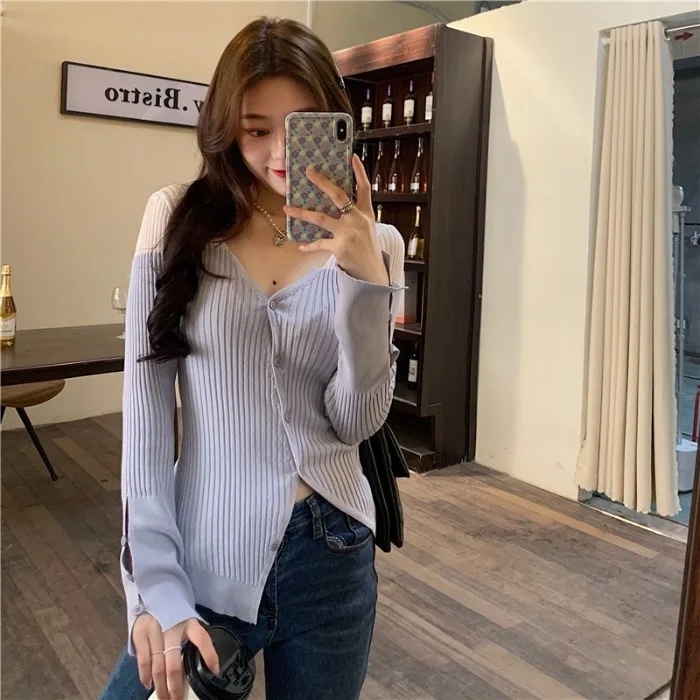 Женская двухцветная рубашка с V-образным вырезом и длинным рукавом | одежда