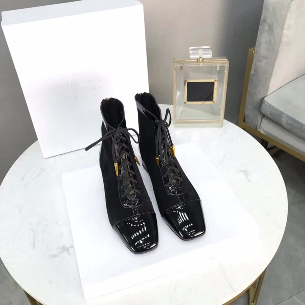 Женские ботильоны на высоком каблуке Junetxin ботинки из коровьей кожи с квадратным носком обувь металлической