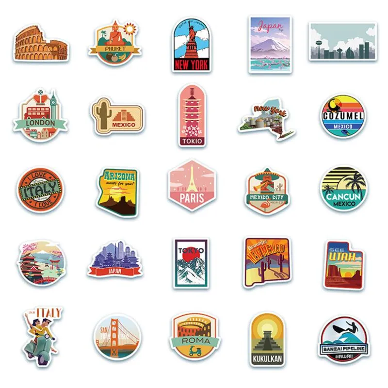 10/30/50PCS City Tourism Landscape Cartoon Graffiti Skateboard Suitcase Laptop Phone Case Body Sticker Waterproof Wholesale - купить по