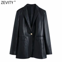 zevity women fashion single metal button faux leather suits coat female chic long sleeve pu outwear blazer jackets tops ct782