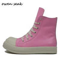 owen seak women motorcycle leather men high top luxury mid calf winter riding boots lace up casual sneakers zip flats pink shoes