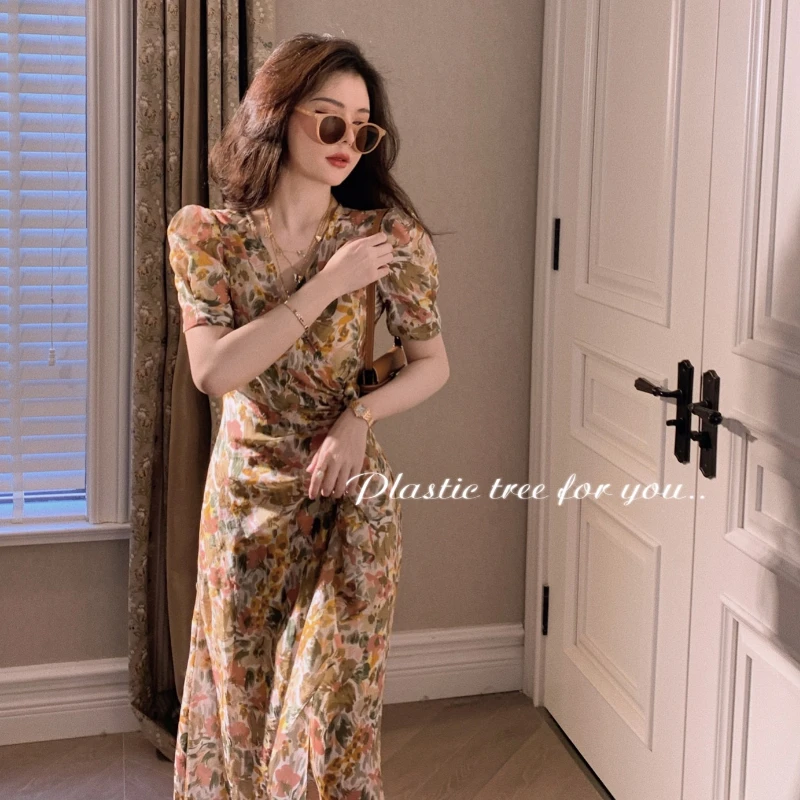 

New Summer Vintage Long Dress V-Neck Puff Sleeve Floral Print Boho Beach Dress Elegant Sweet Holiday Party Shirred Vestidos