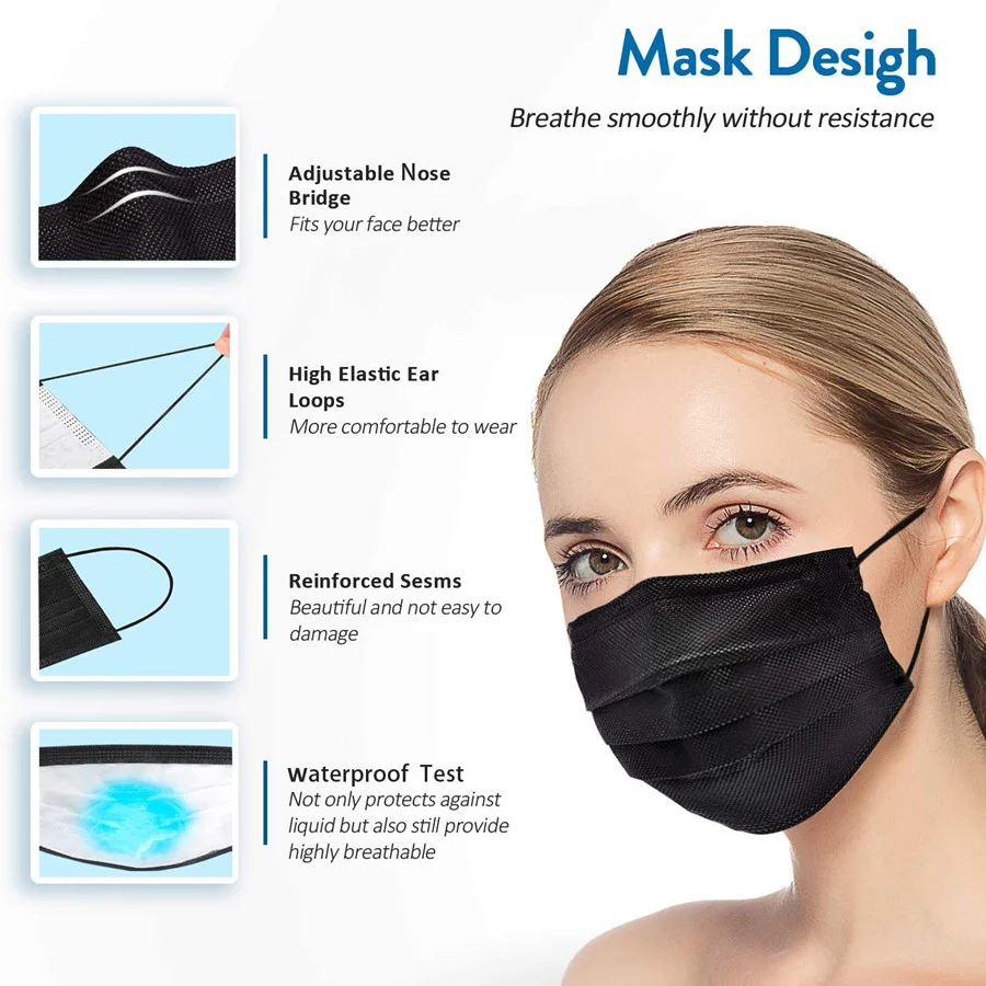 Одноразовая черная маска для лица маски взрослых закрывающие рот хирургическая |
