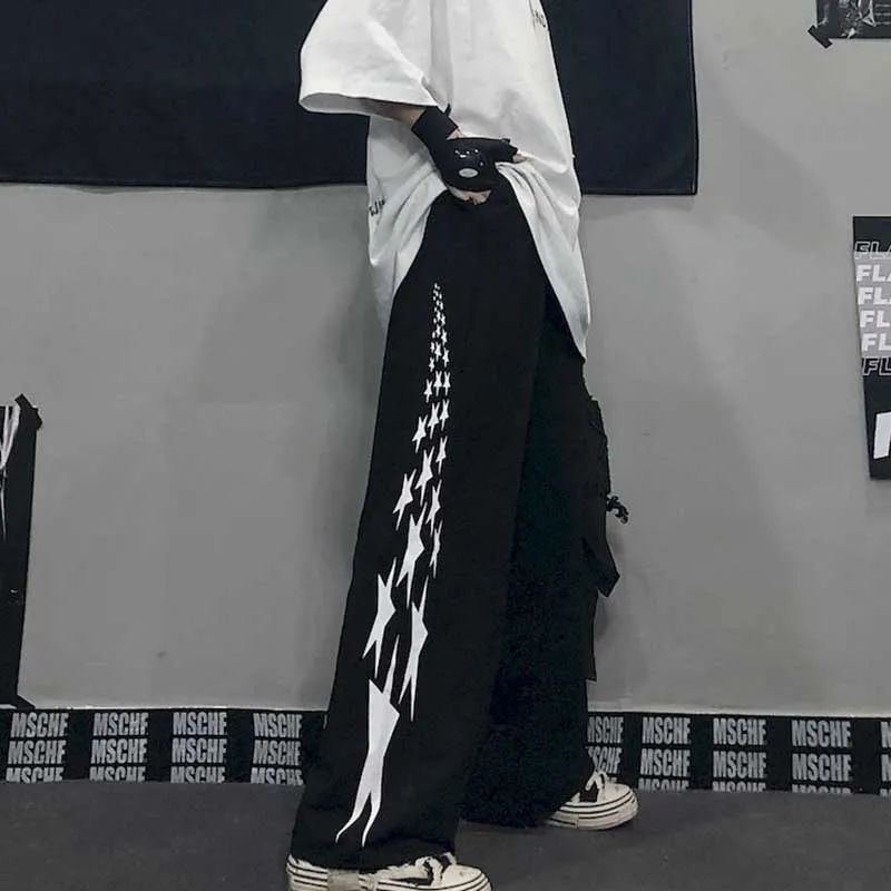 

Loose Straight Wide Leg Mopping Pants For Men And Women New Hip-hop Harajuku Korean Retro Dark Star Printing Spring And Autu