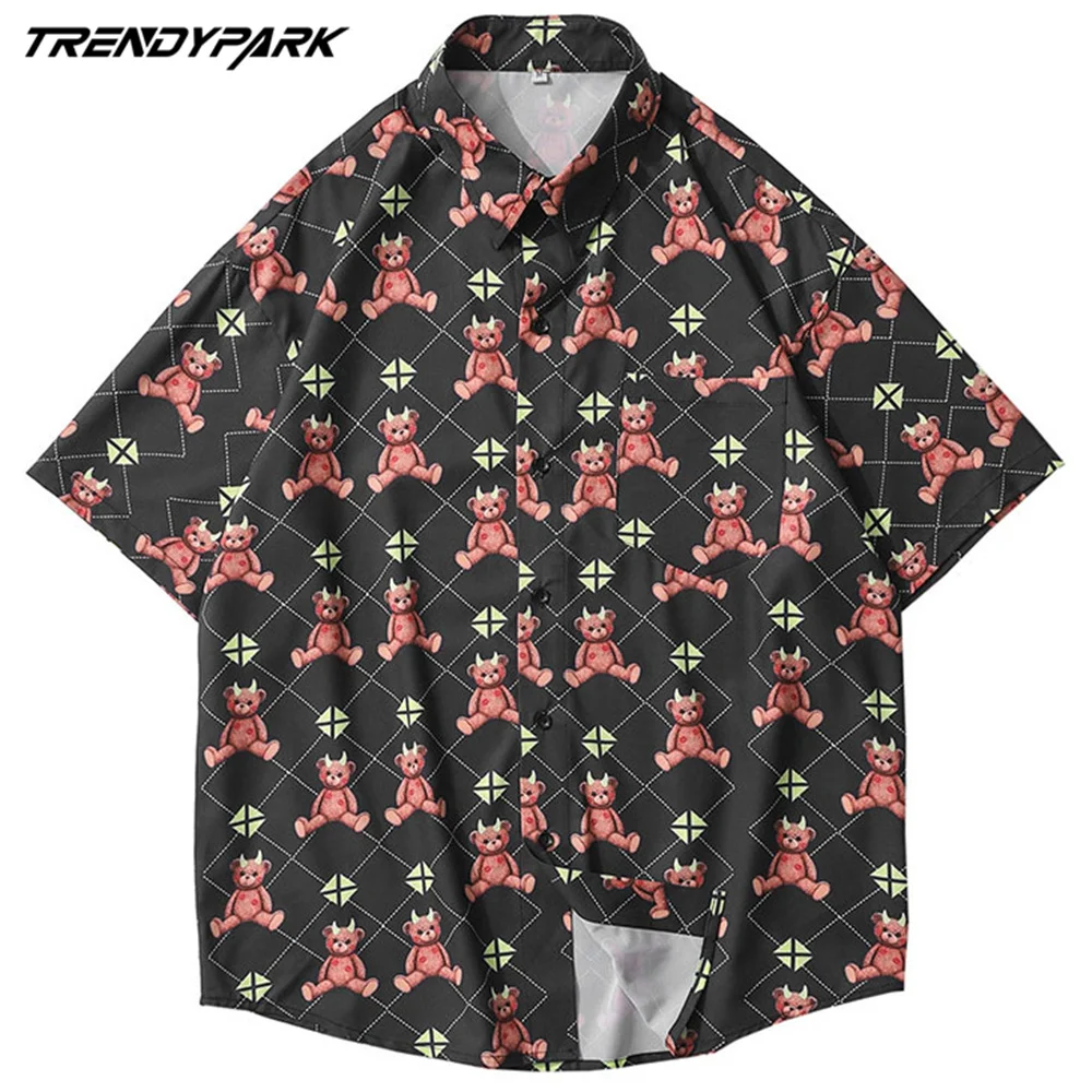 

Mens Summer Shirts Casual Short Sleeve Checked Bears Printed Tops Black Oversize Casual Single-breasted Shirt Tops Men Clothing