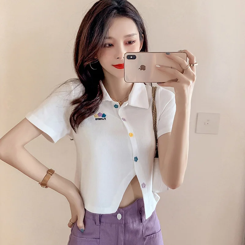 

Tshirt Polyester Harajuku Summer T-Shirts Women Clothes Casual Button Design Tees Top Mujer V-Neck Short Sleeves Blouse Femme
