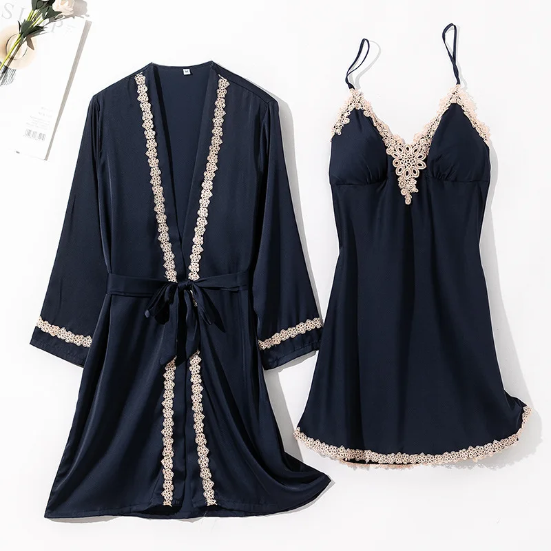 

Faux Silk Nightwear With Pads Women 2PCS Satin Robe Set Sleepwear 2021 Summer New Intimate Lingerie Kimono Bathrobe Gown