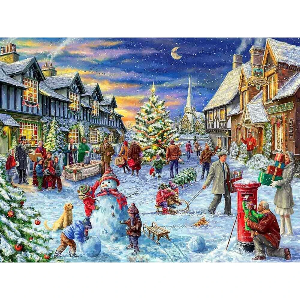 Christmas Village DIY 11CT Embroidery Cross Stitch Kits Needlework Craft Set Printed Canvas Cotton Thread Home    Dropshipping