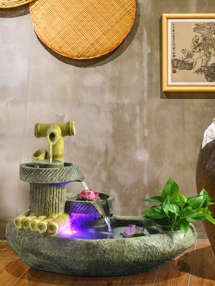 

TT Balcony Landscape Small Rockery Fountain Landscape Bamboo Artwork Flowing Water Fengshui Wheel Living Room TV Cabinet