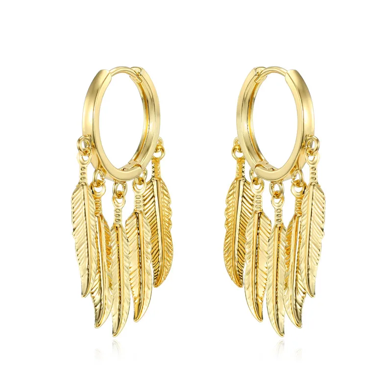 1 Пара винтажных золотых серег в форме перьев Европейские женщины уникальные модные многочисленные серьги на длинных листьях круглой формы ювелирных изделий.