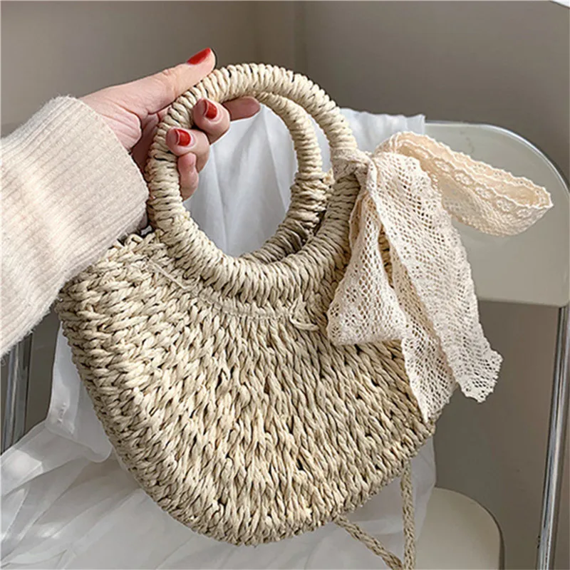 

Straw Bag Women Hand-Woven Handbag Moon Shape Lace Bow Rattan Bag Big Capacity Drawstring Casual Beach Shoulder Crossbody Bag