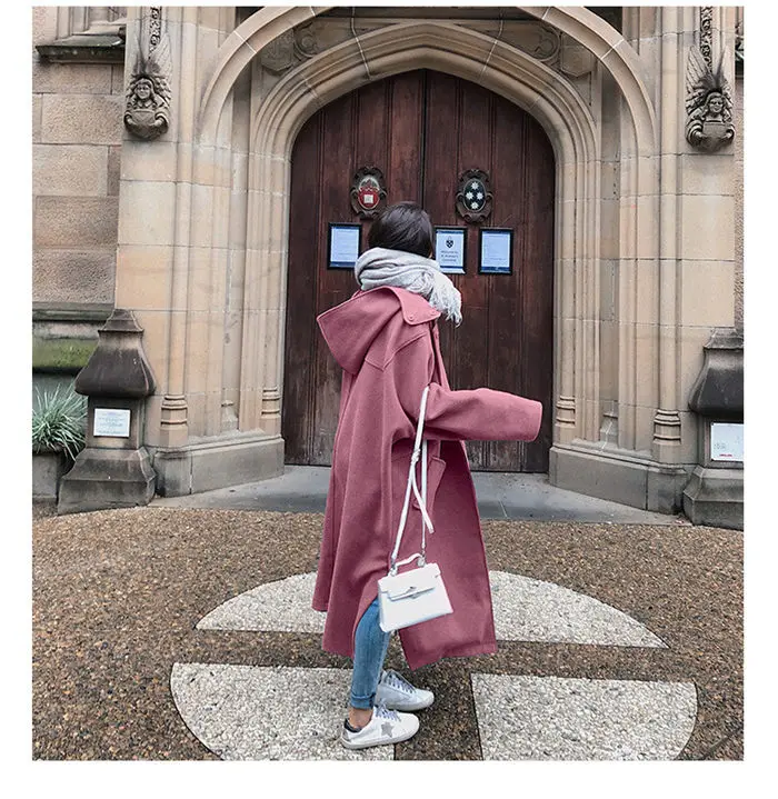 Шерстяное пальто Женская длинная куртка Корейская версия Новая Осенняя зимняя ветровка с капюшоном плащ СВОБОДНЫЙ Модный уличная одежда f2250